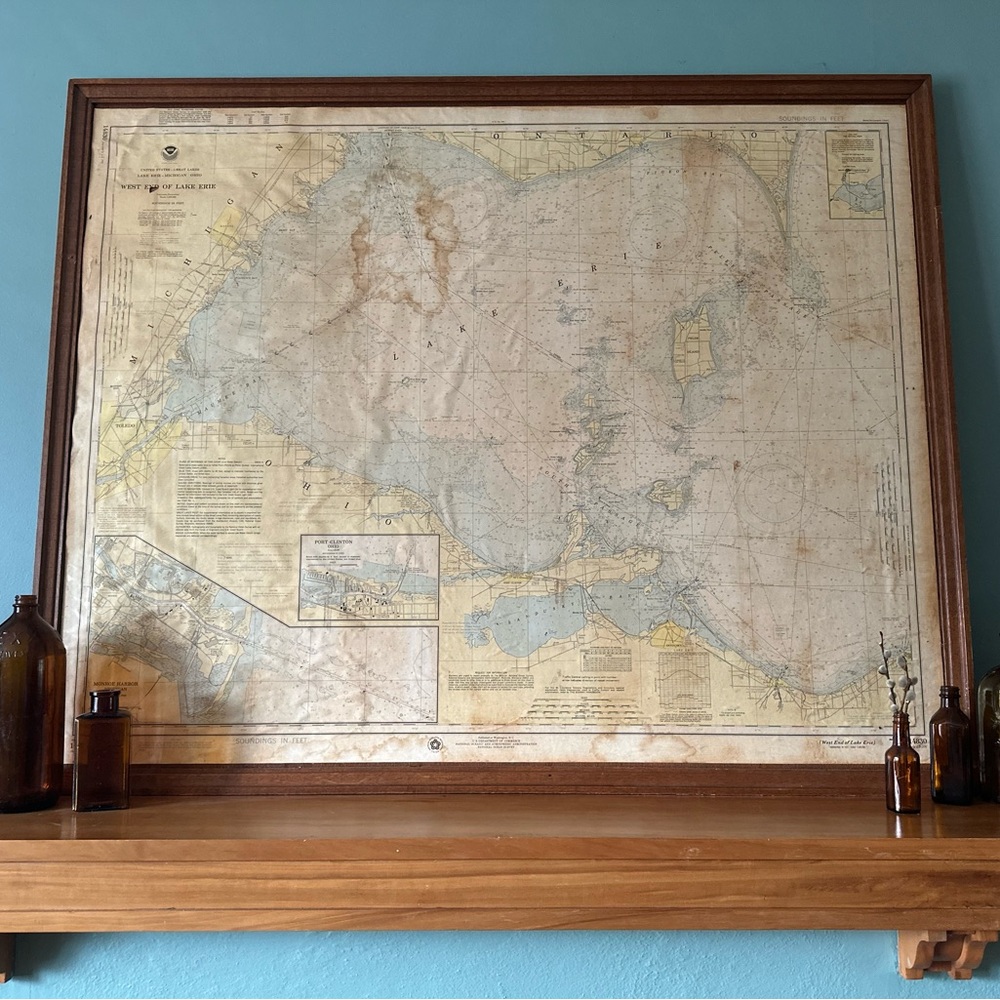 Vintage Nautical Map Lake Erie Chart West End, 1975 Point Pelee, Cottage Décor